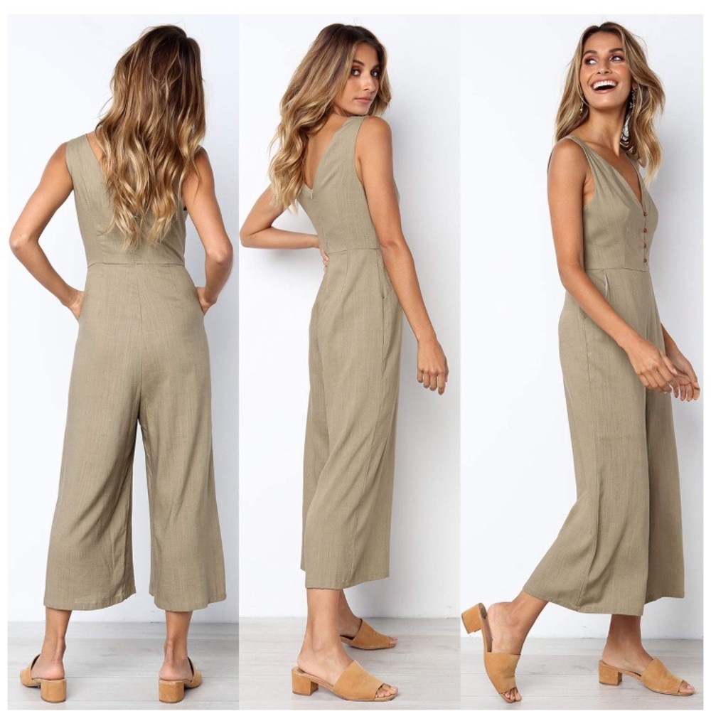 Jumpsuit Casual Button Deep V Neck Sleeveless - Picture 1 of 7